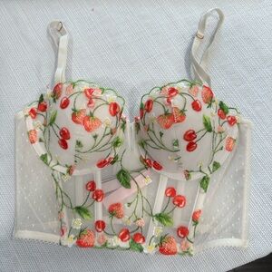 Victoria's Secret Ivory Bra with Red & Green Cherry Embroidery
